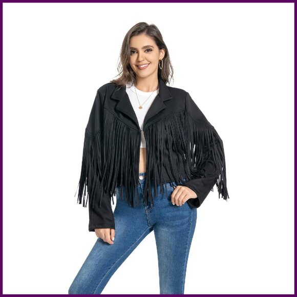 Faux Suede Fringe Crop Moto Jacket Western Cowgirl Style